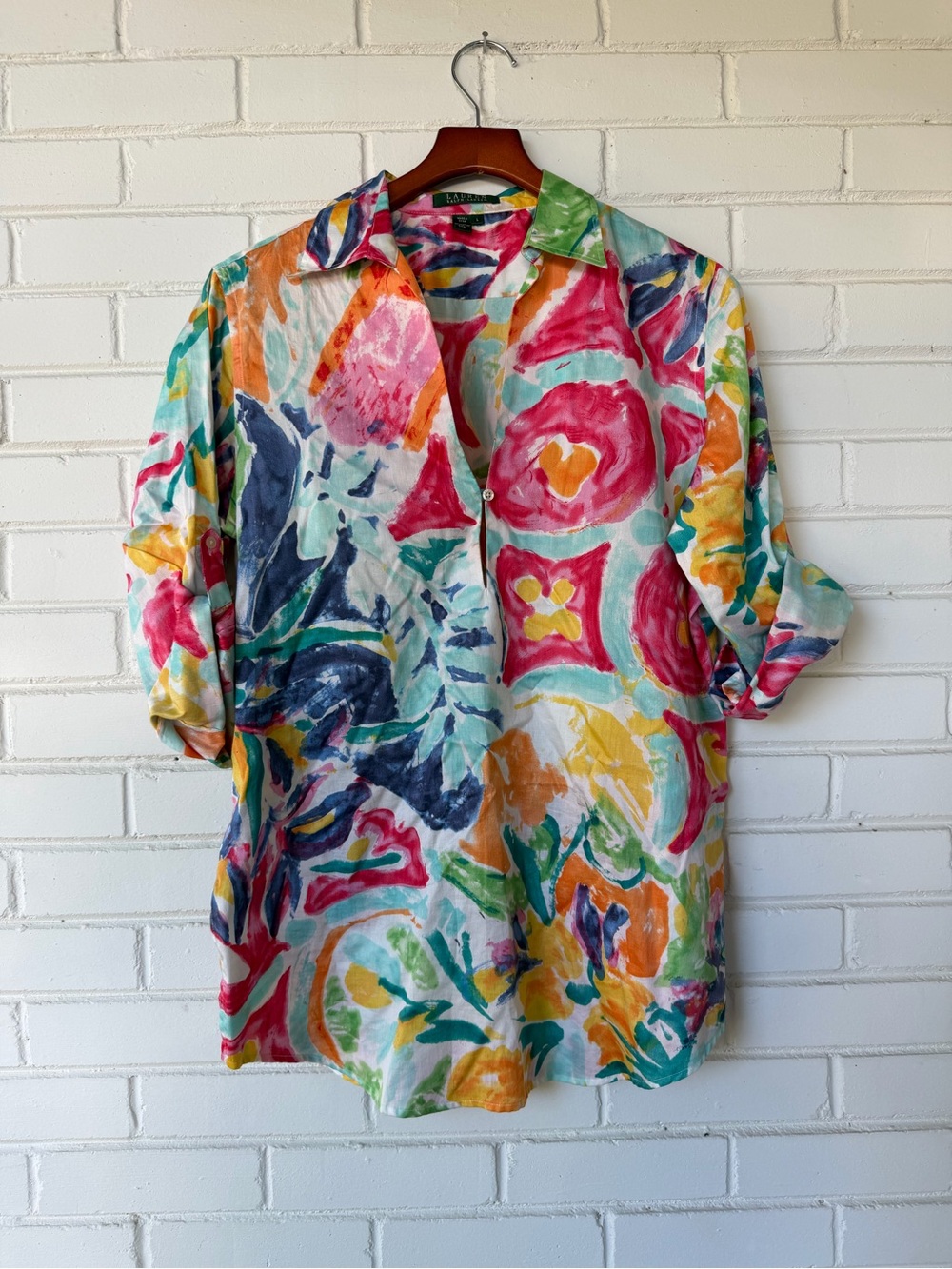 Lauren Ralph Lauren Multicolor Abstract Watercolor Floral Tunic Blouse – Size L